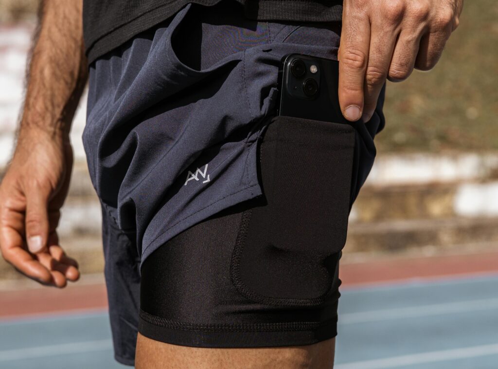Running shorts with phone pocket
